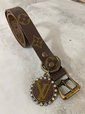 Brown Designer Monogram Dog Collar with Decorative Charm upcycle LV